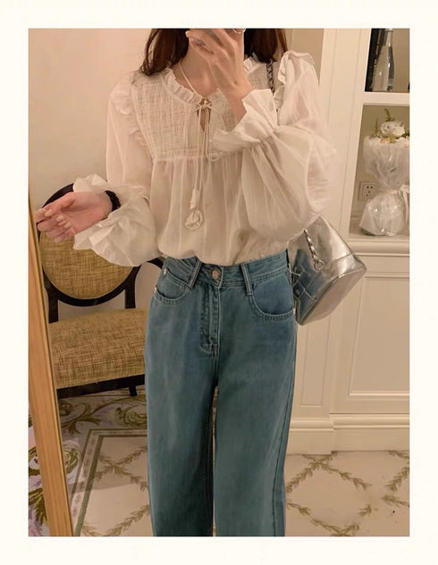 Women Vintage Ruffle Tie Latern Flare Sleeves Tops